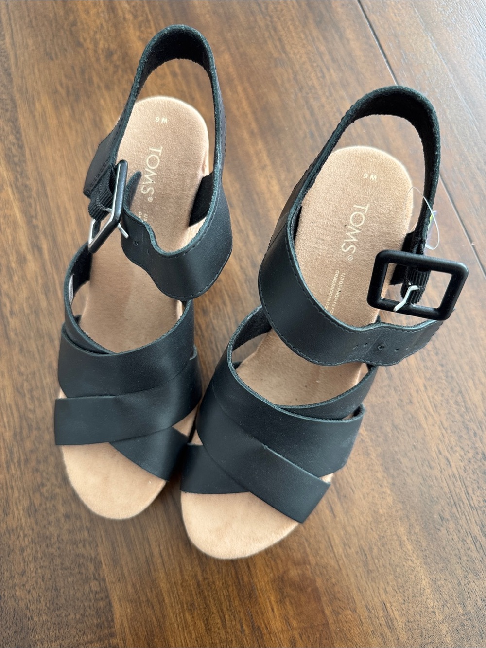TOMS Black Leather Cross‑Strap Slingback Sandals